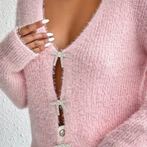 Contemporary soft fuzzy button down knit sweater Cardigan pink - Picture 5 of 6